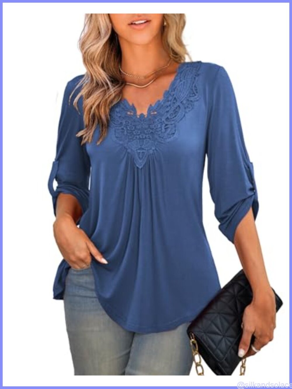 Plus Size Tunic Top 3/4 Roll Sleeve Lace Crochet V Neck Casual Blouse